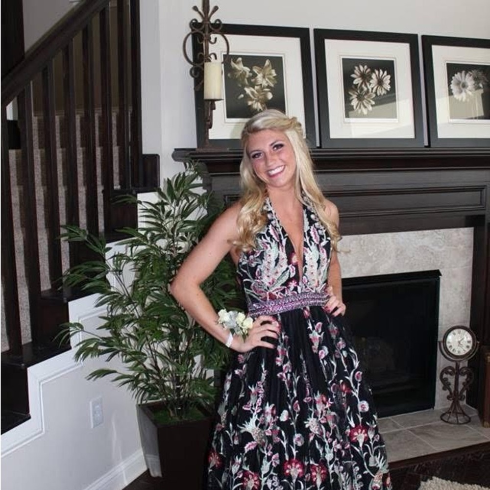 Jovani Black Floral Halter Prom Dress with Pink & Green Embroidery